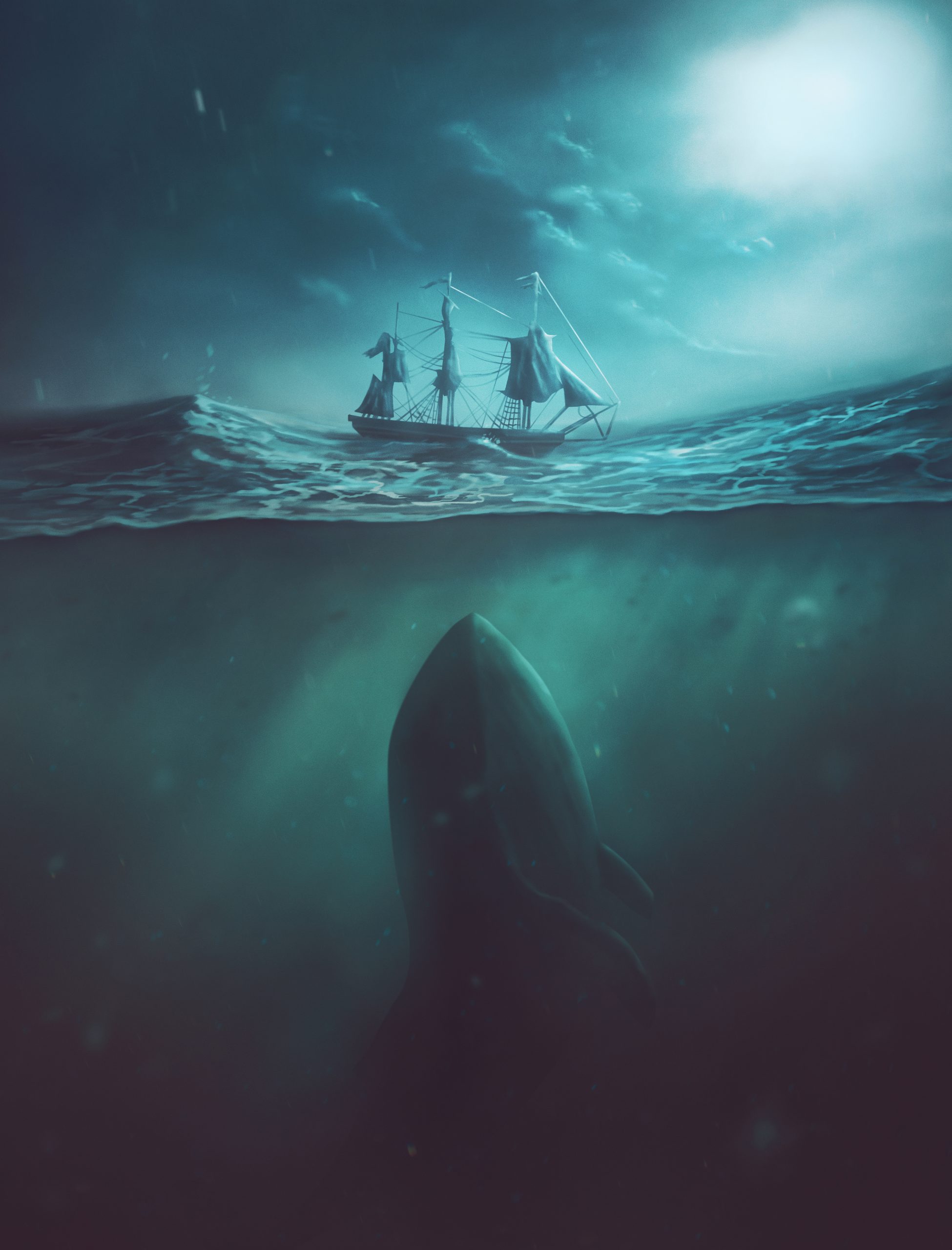 A digital painting of a large whale underneath the waters below a boat.